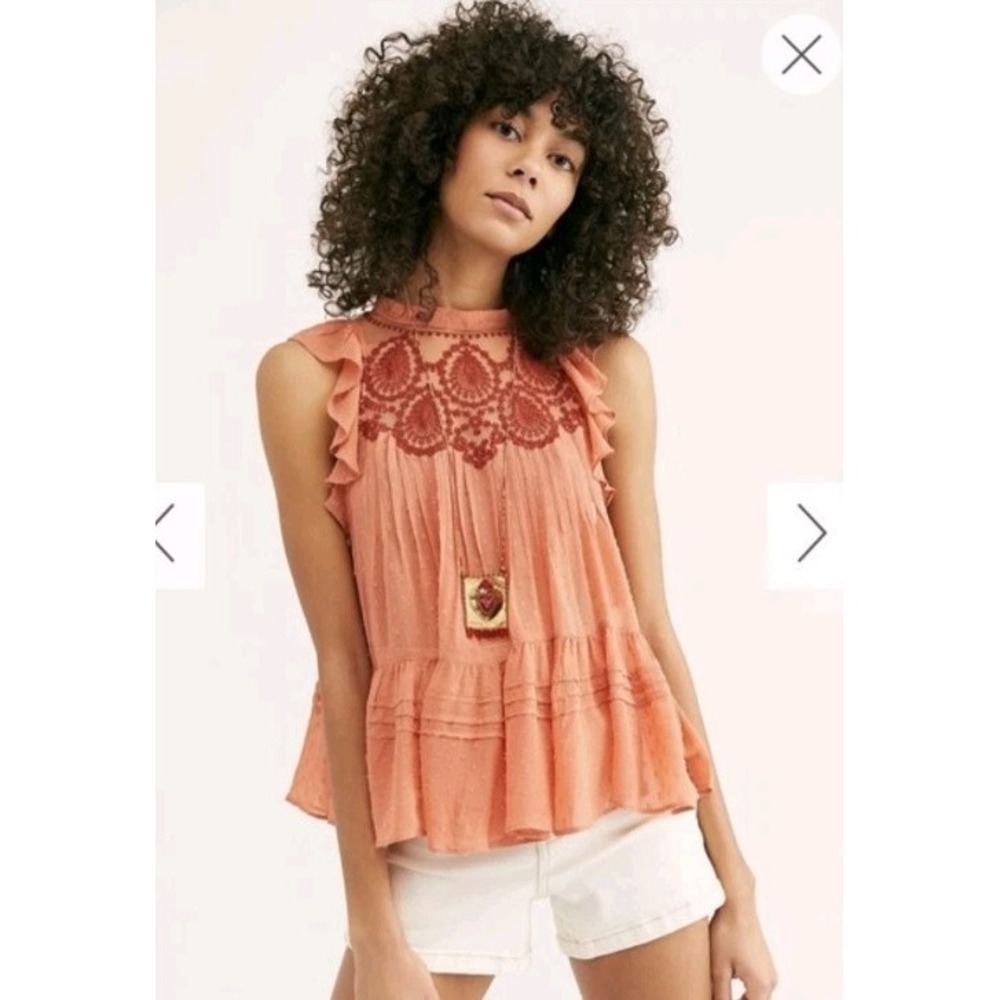 FREE PEOPLE Sheer Orange Embroidered Party Not Over Boho Top XS Ruffle Hippie